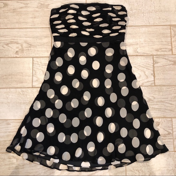 Ann Taylor Silk Polka Dot Strapless A Line Dress, Ruched Bodice - Picture 1 of 8
